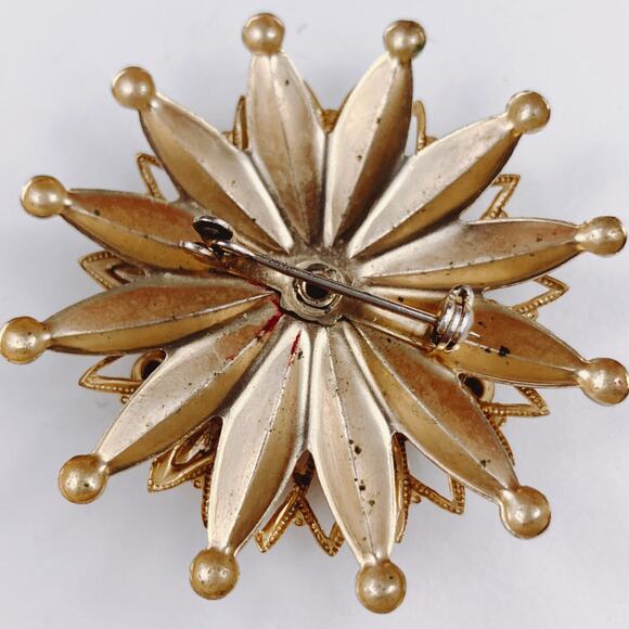 VTG Mid Century Brooch Starburst Atomic Green Rhinestone Gold Tone Pin - Picture 8 of 9